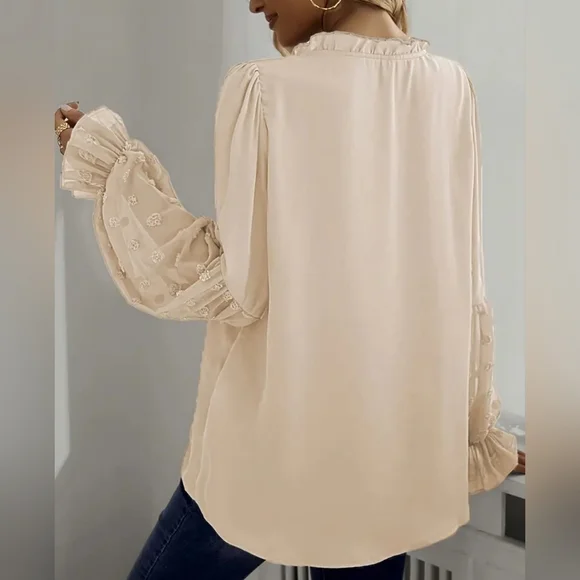 New Boho Flowy Peasant Tie Neck Swiss Dot Blouse Top Cream Beige Ivory - Picture 4 of 7